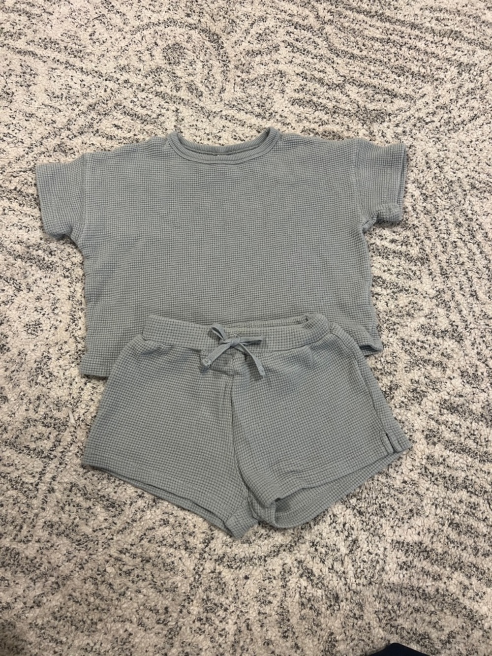 Quincy Mae Waffle Knit Lounge Set - Short Sleeve Top & Shorts, Sage